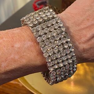 Antique 1930’s-40’s Hollywood Glam wide stretch silver bracelet,ABS rhinestones